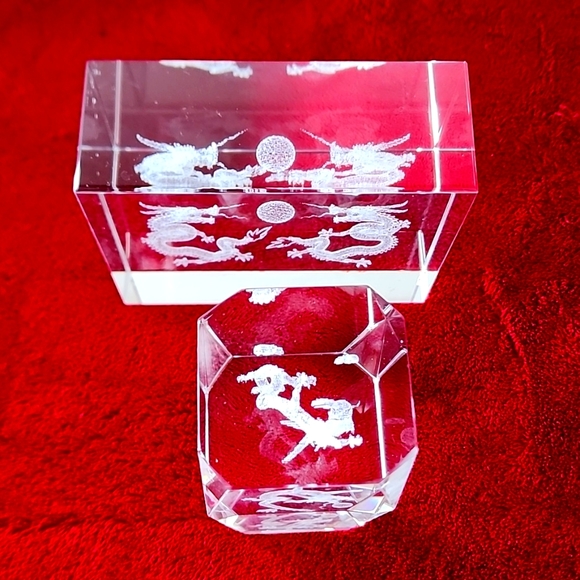 Set of 2, Laser Cut 3D Dragon Paperweights Block Desk Cube. - Picture 2 of 14